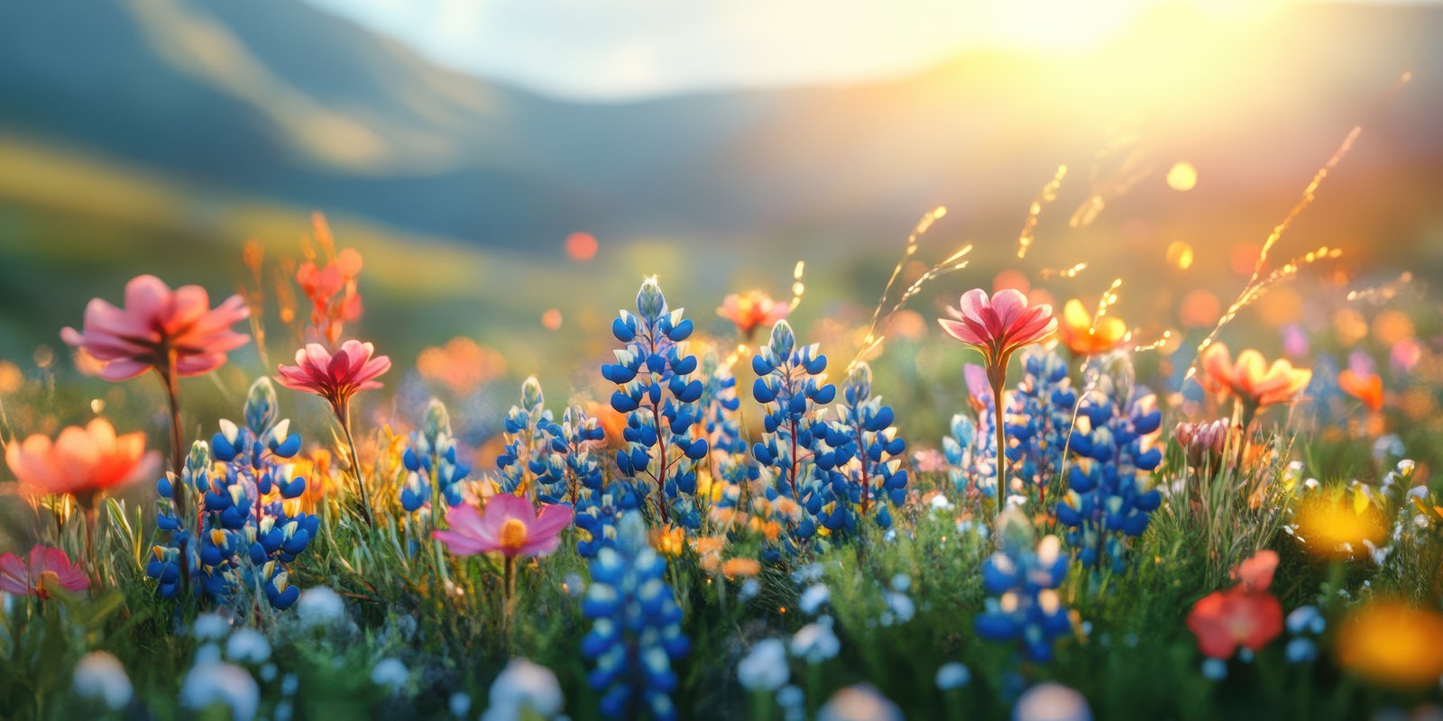 Vibrant wildflower meadow during golden hour in a picturesque landscape